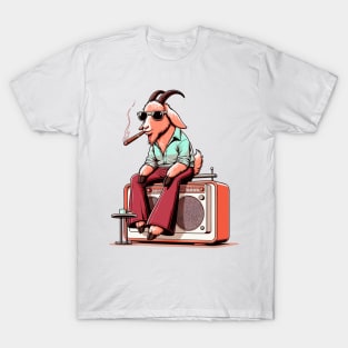 70s retro art : smoking goat sitting on vintage radio T-Shirt